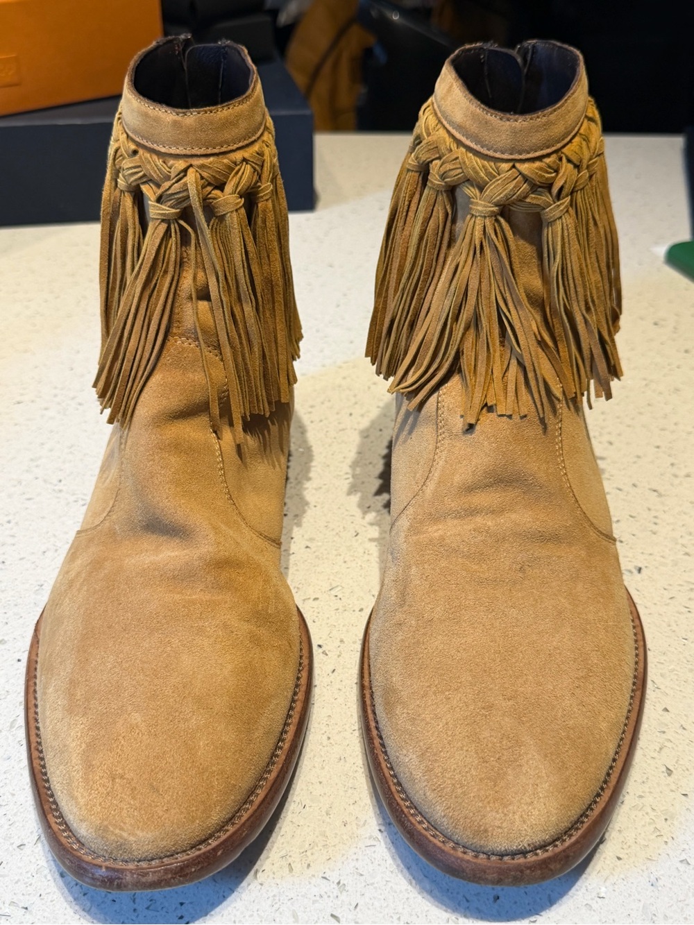 Jimmy choo Men's Suede Fringe Ankle Boots in Tan back zip
